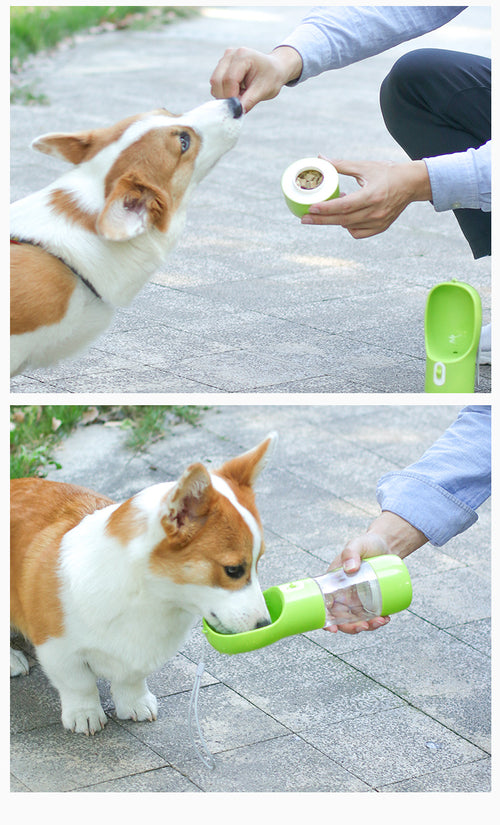 2-in-1 Trinkflasche & Futterspender für Hunde – Perfekt für unterwegs